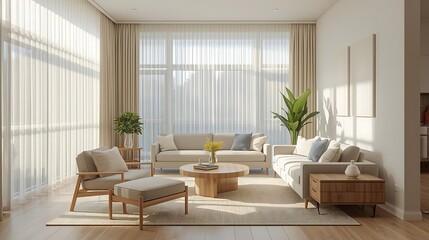 Bright living room with large windows, white curtains, and neutral furniture