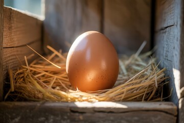 A single brown egg resting in a nest of straw within a rustic wooden structure, bathed in warm sunlight