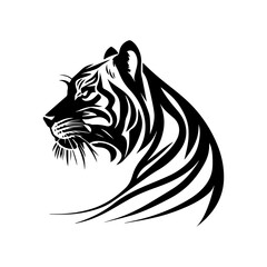 Striking black and white tribal style tiger head profile with flowing mane and stripes, symbolizing power and nature