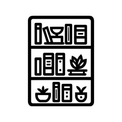 Stylized icon of a bookshelf filled with books and potted plants against a transparent background, representing knowledge and growth.