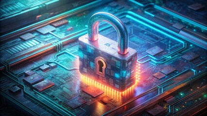 A digital rendering of a glowing security padlock on a futuristic circuit board. Websites and blogs can use this for topics on cybersecurity, data protection, privacy, or digital security.

