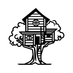 Naklejka premium Stylized black and white depiction of a multi-level treehouse with a ladder, perched in a strong tree with expansive branches and foliage.