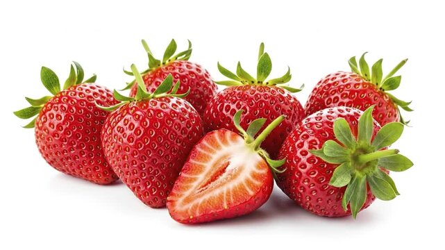 Ripe red strawberries with green tops including one cut in half are arranged on a white surface