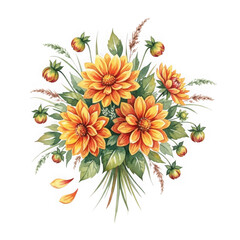 Vibrant autumn dahlia flower arrangement with pampas grass isolated on transparent background