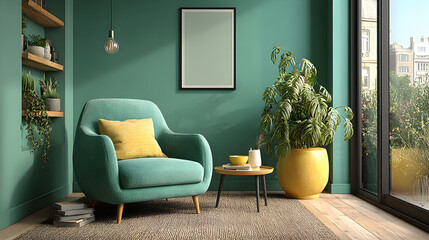 Teal armchair with yellow pillow in a room with green walls