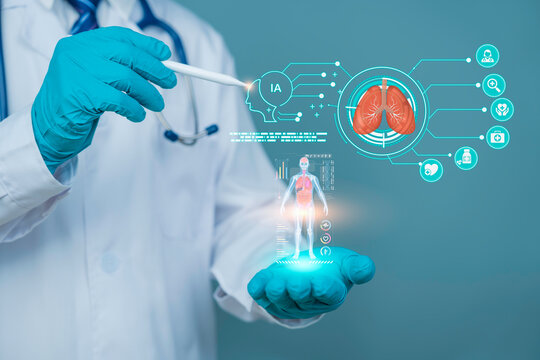 Doctor using digital hologram interface with human body and lungs analysis, AI healthcare technology, futuristic diagnostics, medical innovation, smart patient monitoring system