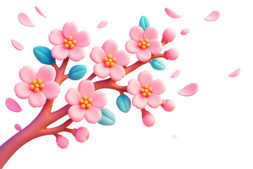 Pink cherry blossom flowers and petals on a branch in a soft, stylized graphic style isolated on white background, symbol of spring concept, Ai generative