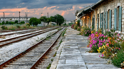 Fototapeta premium Train tracks and platform at a rural train station with stone buildings and mountain backdrop.