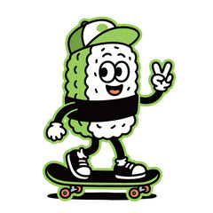 A cool and funny cartoon sushi character wearing a hat and skateboarding, making a peace sign.