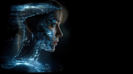 Woman's Profile with Circuitry and City Lights Overlay