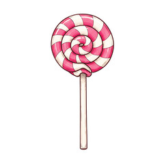 A swirled pink and white lollipop on a stick isolated on transparent background