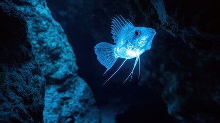 Bioluminescent Fish in a Dark Ocean Cave