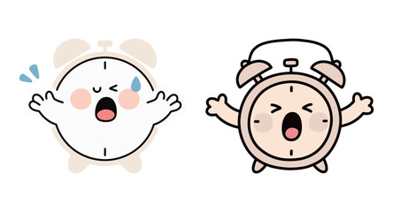 A set of two cute and shocked cartoon alarm clock characters with wide-open mouths and hands in the air.