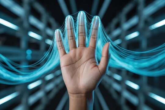 Closeup of a human hand with glowing digital particles on fingertips, surrounded by futuristic blue light trails and a network structure