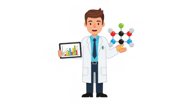 Scientist presenting a chemical molecule and data analysis. - Powered by Adobe