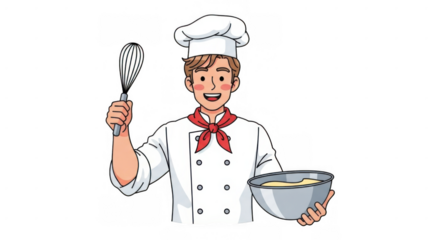 Cheerful male chef illustration holding whisk and mixing bowl ready to cook.