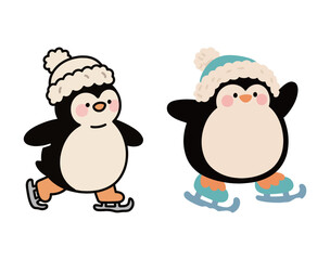 A set of two cute cartoon penguin characters wearing winter hats and ice skating.