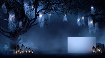 Obraz premium A spooky nighttime scene featuring a blank canvas, a gnarled tree draped in ghostly apparitions, illuminated lanterns, and a foggy background, perfect for Halloween themes, with space for text