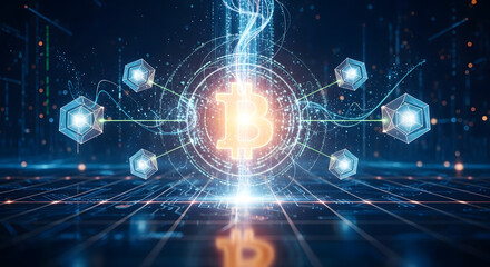 Dynamic digital network showcases glowing Bitcoin symbol and interconnected nodes, representing crypto innovation.