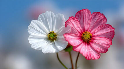 Fototapeta premium Two cosmos flowers, one white and one pink, against a blurred blue sky background.