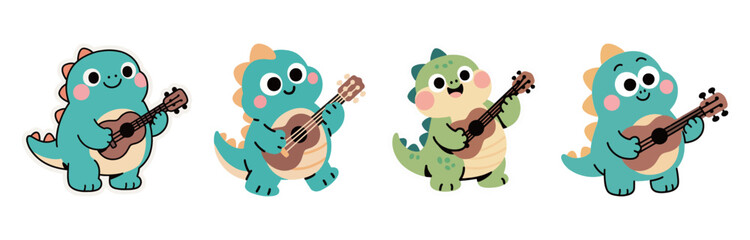 A set of four cute cartoon dinosaur characters playing a ukulele, looking happy and cheerful.