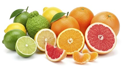 An assortment of whole and sliced citrus fruits featuring green limes yellow lemons bright oranges and red grapefruit segments on a white surface - Powered by Adobe
