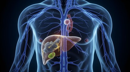 Human torso with liver anatomy highlighted