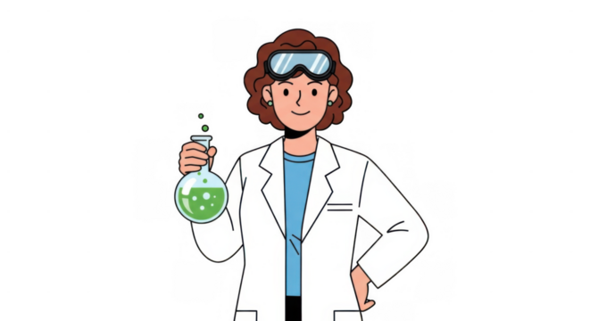 Scientist in lab coat holding a flask with green liquid.