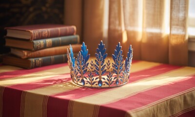 A regal crown, sapphire blue, sits on a striped tablecloth, beside antique books. Sunlight streams in