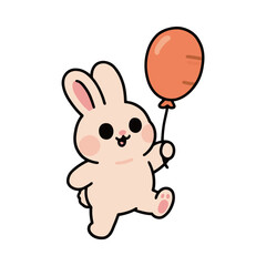 A cute cartoon rabbit character walking and happily holding a carrot-shaped balloon.