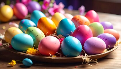 A vibrant collection of colorful Easter eggs arranged in a shallow wooden bowl, surrounded by delicate spring flowers.
