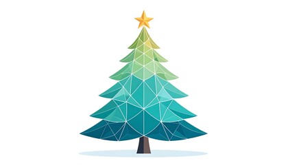 A vibrant, geometric Christmas tree design, rendered in shades of teal and green, with a golden star atop, on a plain white background.