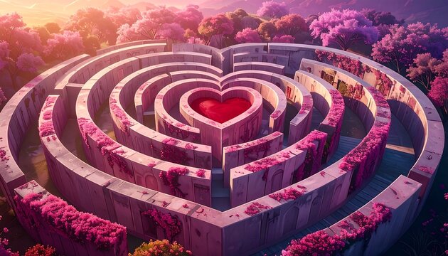 Heart-shaped maze with vibrant pink blossoms in a surreal landscape