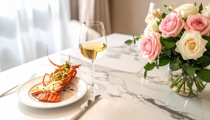 Lobster pasta fine dining gourmet in artistic fine art table composition with roses2