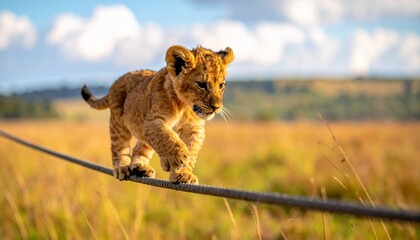 Baby lion is slowing walking tightrope, clouds in background 2
