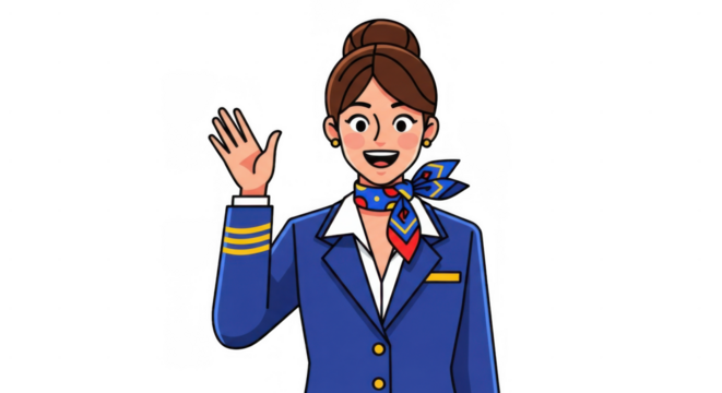 Smiling flight attendant in blue uniform waving hand welcoming passengers.