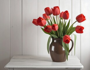 Red tulips in a brown vase