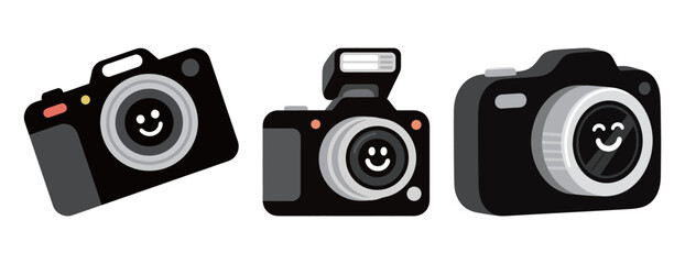 A set of three cute and happy cartoon camera characters with smiling faces, ready to take a picture.