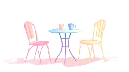 Watercolor illustration of cafe table and chairs with coffee cups