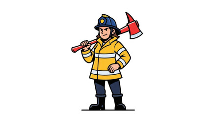 Obraz premium Firefighter in yellow uniform holding axe ready for action and rescue.