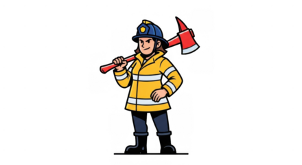 Firefighter in yellow uniform holding axe ready for action and rescue.