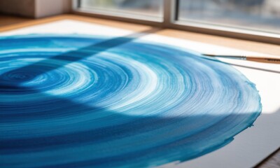 Abstract circular painting in shades of blue, with a shadow