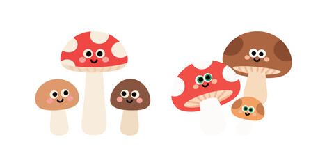 A set of two groups of cute cartoon mushroom characters with happy, smiling faces, in different sizes.