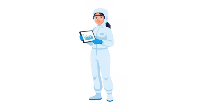 Scientist in Cleanroom Suit Analyzing Data on Tablet.