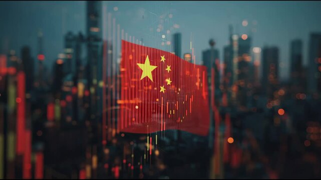 Urban skyline with financial chart and China's flag representing economic trends
