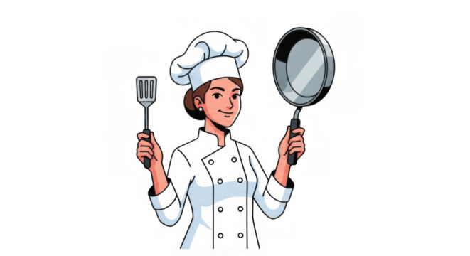 Chef Woman Holding Spatula and Frying Pan Ready to Cook.