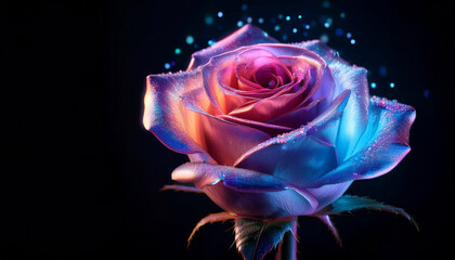 Rose With Iridescent Pink Purple Blue Petals And Water Droplets Glowing Against Black Background