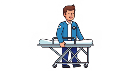 Smiling male paramedic in uniform pushing an empty medical stretcher.