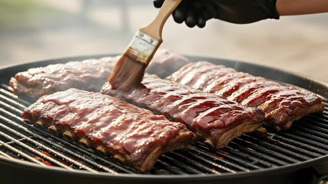 Gloved hand basting several racks of ribs with a reddish sauce on a hot grill with visible smoke and glowing embers