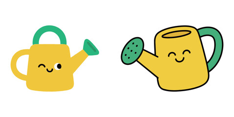 A set of two cute cartoon watering cans with happy faces, ready for gardening.